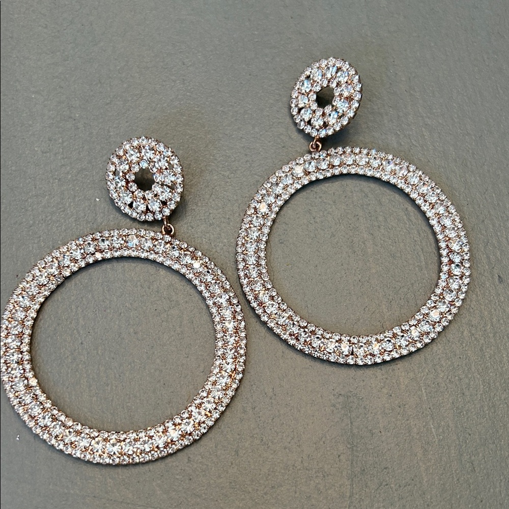Elegant Silver Crystal Hoop Earrings Disco Prom pageant